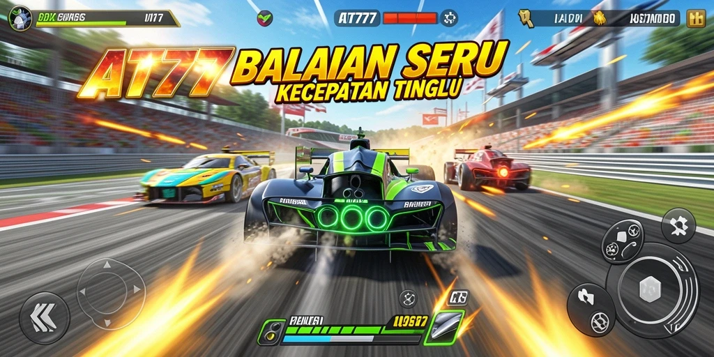 Tangkapan layar AT777 menampilkan balapan mendebarkan dengan mobil keren.