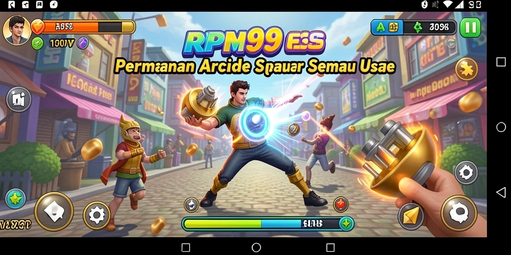 Screenshot utama RP99 menampilkan karakter dalam aksi seru di level Arcade.