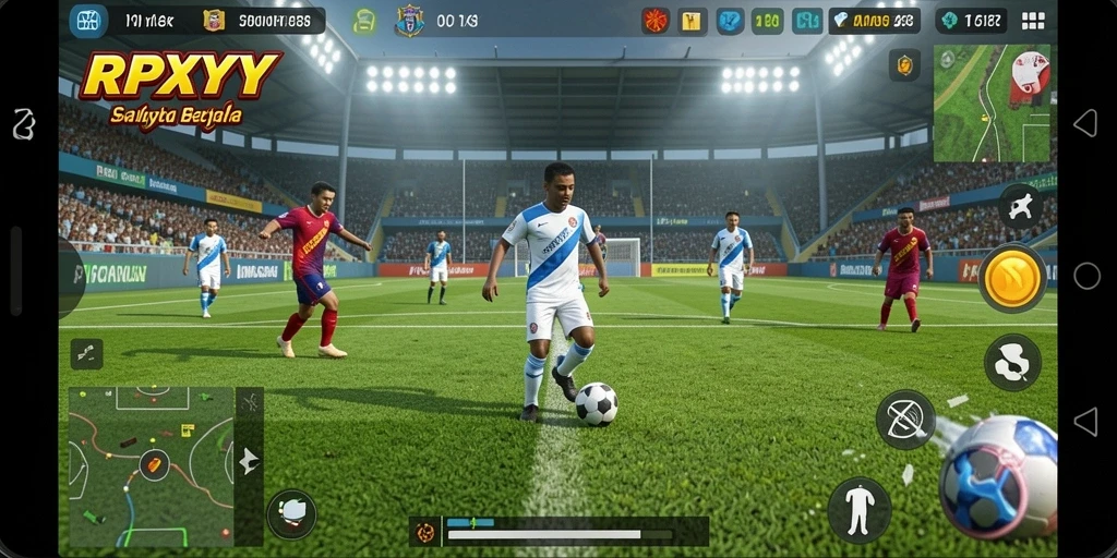 Screenshot gameplay RPYYY yang menampilkan aksi mendebarkan di lapangan sepak bola.